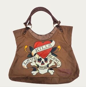 Ed Hardy Brown Tote with Skull and Heart Design